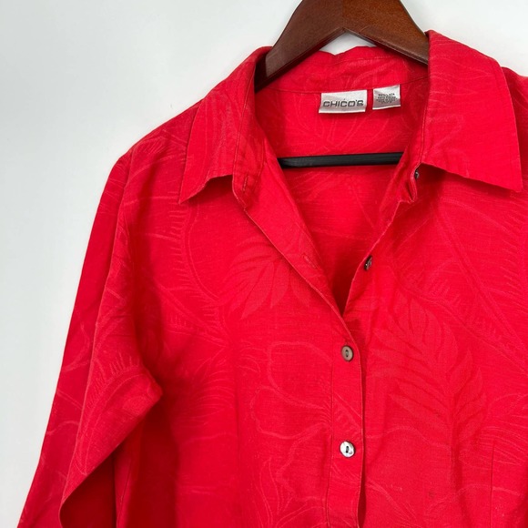 Chicos 2 LARGE Linen Blend Coral Red Long Sleeve Button Blouse Shirt Top Summer - Picture 4 of 8